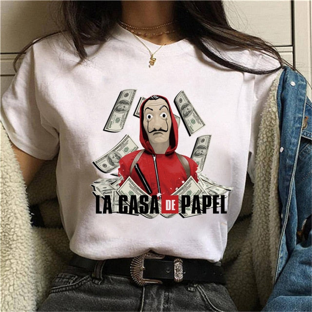 La Casa De Papel Tshirt Fashion Female Maycaur The House Made of Paper T-shirt Money Heist Women Funny Tee Top Clothes T-shirts